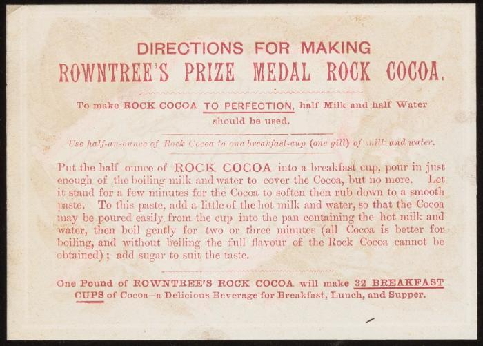 Instructions for preparing Rowntree's prize winning Rock Cocoa
